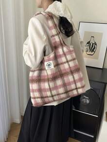 秋冬款粉色格紋毛絨托特包，復古羊毛大容量通勤女款單肩托特包 - 粉色 - 查看 4