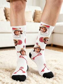 1 Pair Customized Face Socks, Personalized Photo Gift, Suitable For Couples, Unique Anniversary, Birthday, Valentine's Day, Christmas Customized Photo Mid-Calf Socks - Multicolor - View 4
