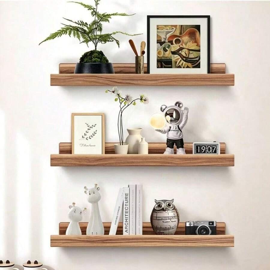 3pcs Vintage Wooden Floating Shelves, Wall Decor Display Rack With Guardrail, Bathroom Kitchen Storage Shelf, Modern Bedroom Living Room Decorative Photo Frame - Wood Color - View 1