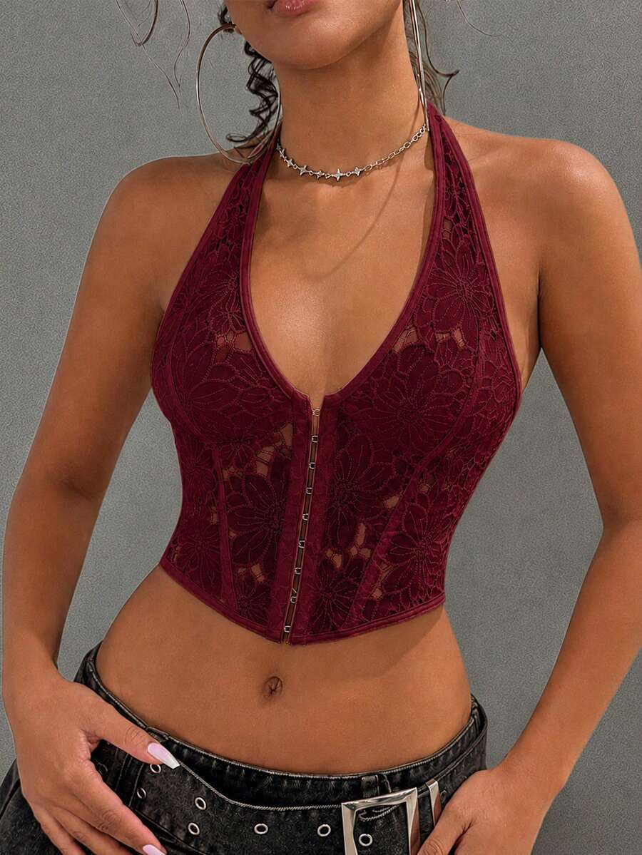 Elegant Sexy Lace Floral Embroidery Bustier Crop Top, Summer Backless Camisole With Steel Rings, Asymmetric Hem, Metal Eyelet Lace-Up, Suitable For Beach Vacation And Dance Festivals - Burgundy - View 1