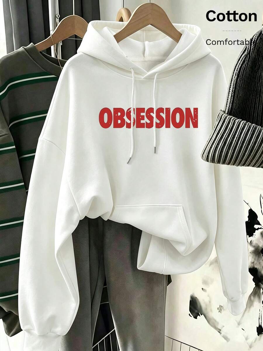 Autumn Women's Hoodie With Red "OBSESSION" Letter Print And Drawstring Hood, Y2K - White - View 1
