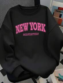 Minimalist Large Letter NEW YORK Print Loose Crew Neck Sweatshirt, Black Slimming Everyday Versatile Autumn/Winter Layering Sweatshirt - Black - View 2