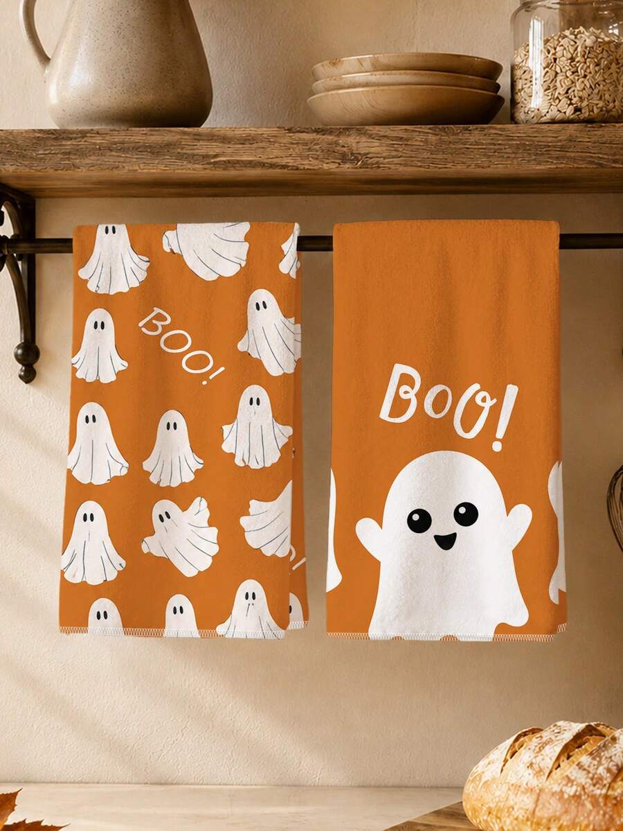 2pcs Autumn Halloween Ghost Pattern Kitchen Towels, Soft Polyester Material Dish Cloths, Suitable For Kitchen Decor, Kitchen Cleaning, Holiday Party Decoration, Kitchen Bathroom Supplies Home Essentials, Home Decor, Housewarming Gift - Multicolor - View 1