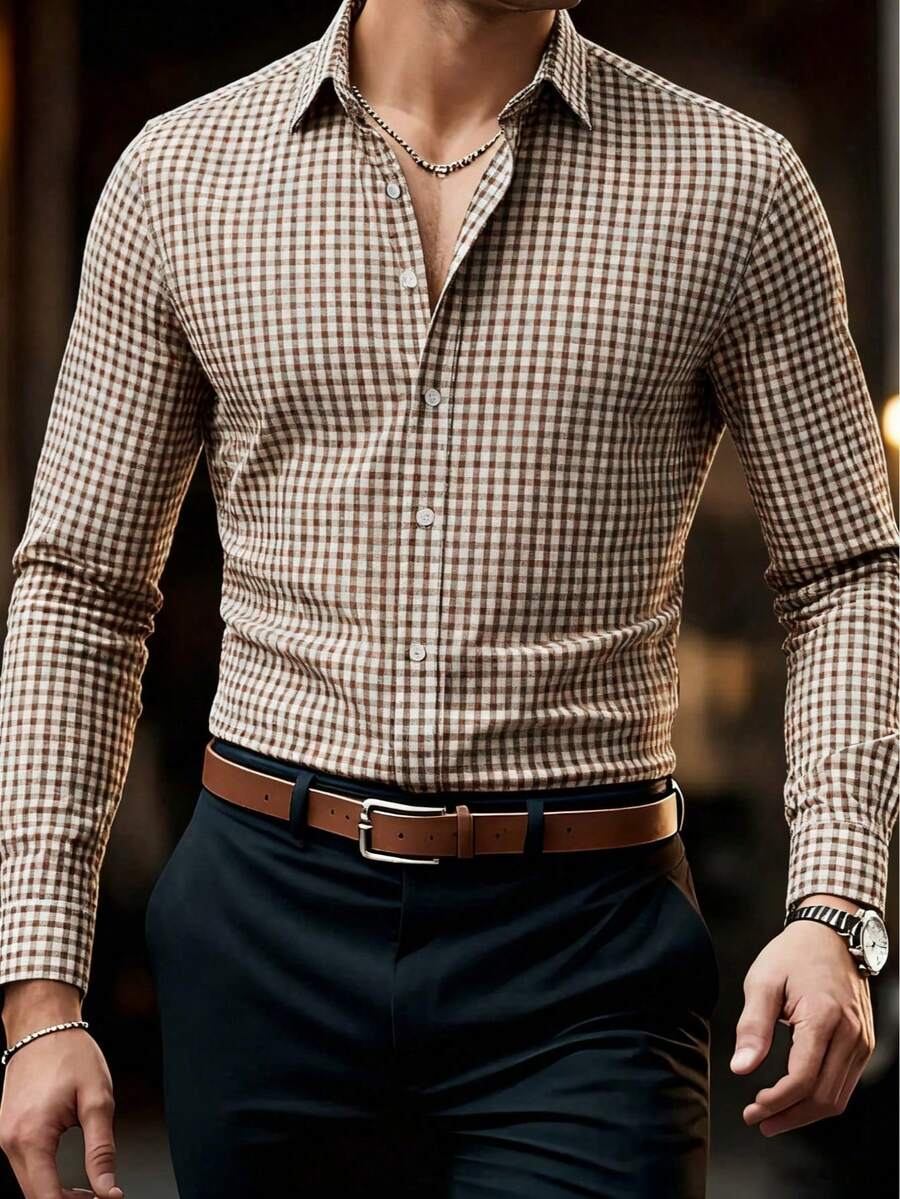 Men's Casual Brown Plaid Long Sleeve Shirt - Brown - View 1