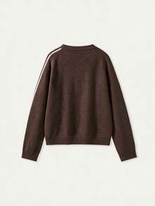 FOR BEAUTY Fall Winter Women Cardigans Y2K Chic Brown Striped Sleeve Frog Button Knit Tops Loose Crewneck Sweaters Office Brunch Casual Outfits - Brown - View 8
