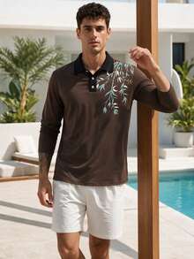 Men's Vintage Brown Ink Bamboo Print Casual Long Sleeve Polo Shirt - Multicolor - View 2
