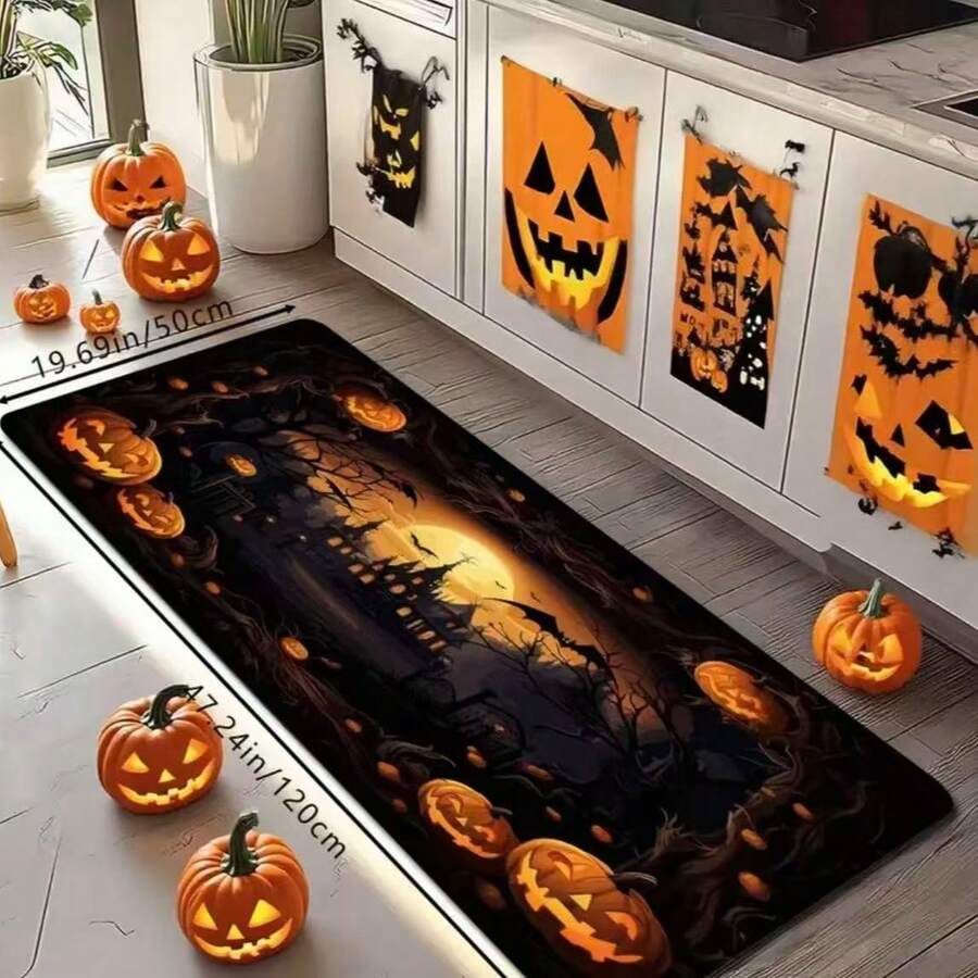 GEL HUT MUN 1pc Halloween Door Mat - Scary Pumpkin Haunted House Design With Bats And Moon, Soft Absorbent Polyester With Non-Slip PVC Backing, Machine Washable Indoor/Outdoor Door Mat, Suitable For Front Door, Kitchen, Bathroom Decor - A - View 1