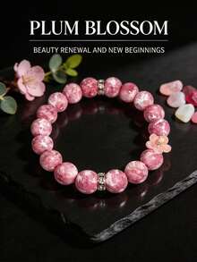 Natural Stone Beaded Bracelet With Plum Blossom Pendant, Comfortable Elastic Cord Jewelry, Helps Maintain Emotional Balance, Suitable For Daily Wear - Baby Pink - View 1