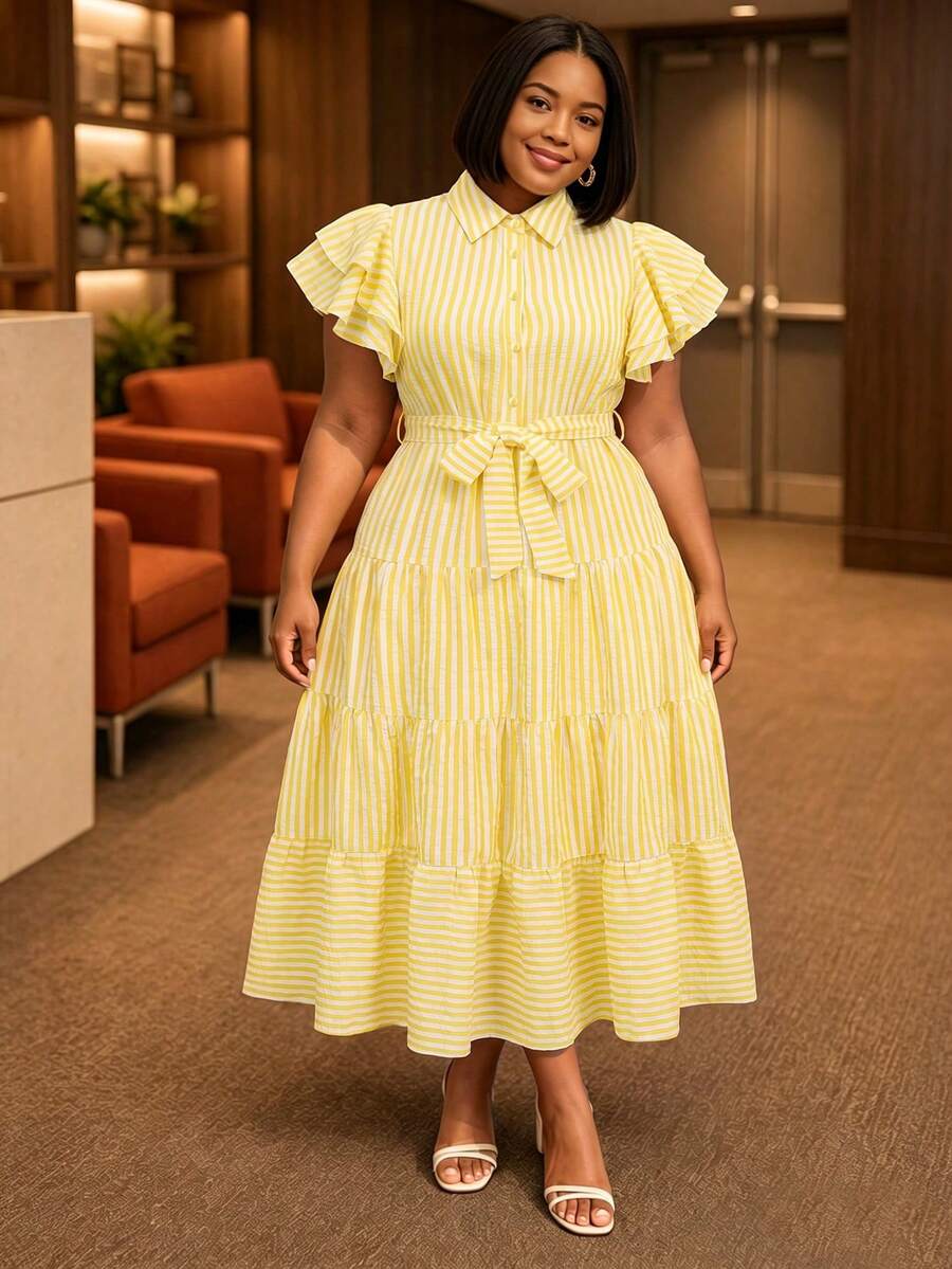 NOU Women's Long Dress With Formal Collar, Front Button Closure, Waist Tie, Flared Sleeves, Lightweight And Breathable Fabric, Suitable For Spring/Summer Wear, Casual, Work, Commute, Elegant Striped Long Dress With Double-Layer Design And Buttons, Suitable For Wedding, Holiday, Office, Tea Party, Spring/Autumn - Multicolor - View 1