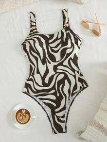 Women's New Animal Pattern Printed Thick Shoulder Strap Metal Jewelry One-Piece Swimsuit Suitable For Island Vacation Pool Parties - Multicolor - View 2