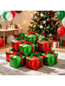 6/12pcs Red & Green Fixed Style Christmas Gift Box Foil Balloons, Christmas Home Decor, Large Mall Event Decoration Balloons, Night Market Stall Holiday Gift Box Decoration - Christmas Red and Green Box - View 5