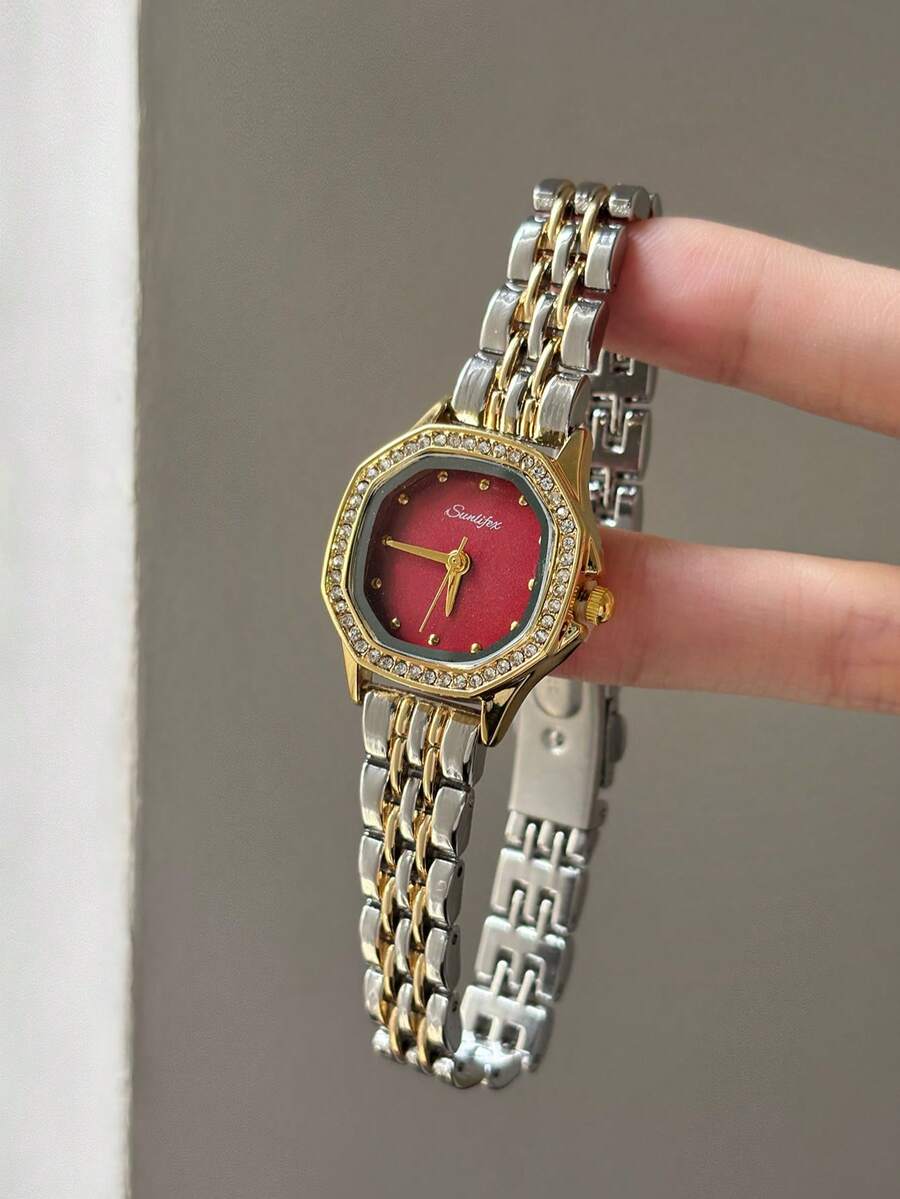 Elegant Two-Tone Octagonal Watch For Women Red Dial Minimalist Markings Stylish Decorative Quartz Watch For Female Everyday Outfit - Silver and Gold - View 1