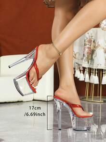 European And American Performance Pole Dance Model Wedding Spring Summer Party Breathable Fashion Nightclub Transparent Crystal Stiletto High Heel Slippers - Red - View 5