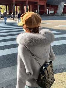 Women's Solid Color Hooded Knit Cardigan Sweater With Detachable Fur Collar, Autumn - Grey - View 7
