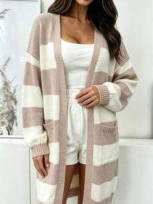 Plus Size Pink & White Wide Striped Knit Cardigan, V-Neck, Drop Shoulder, Long Sleeve, Pockets, Loose Fit, Long Length Sweater Jacket - Apricot - View 2