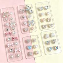 Multi-Style No-Drill Ear Sticker Set, Bowknot Shell Rhinestone Pearl Earrings, Comes With Small Tweezers For Easy Application, Cute Earrings Suitable For Women And Girls Daily Wear And Party, Jewelry Gift, Beauty Accessory - Multiple Specifications - View 5