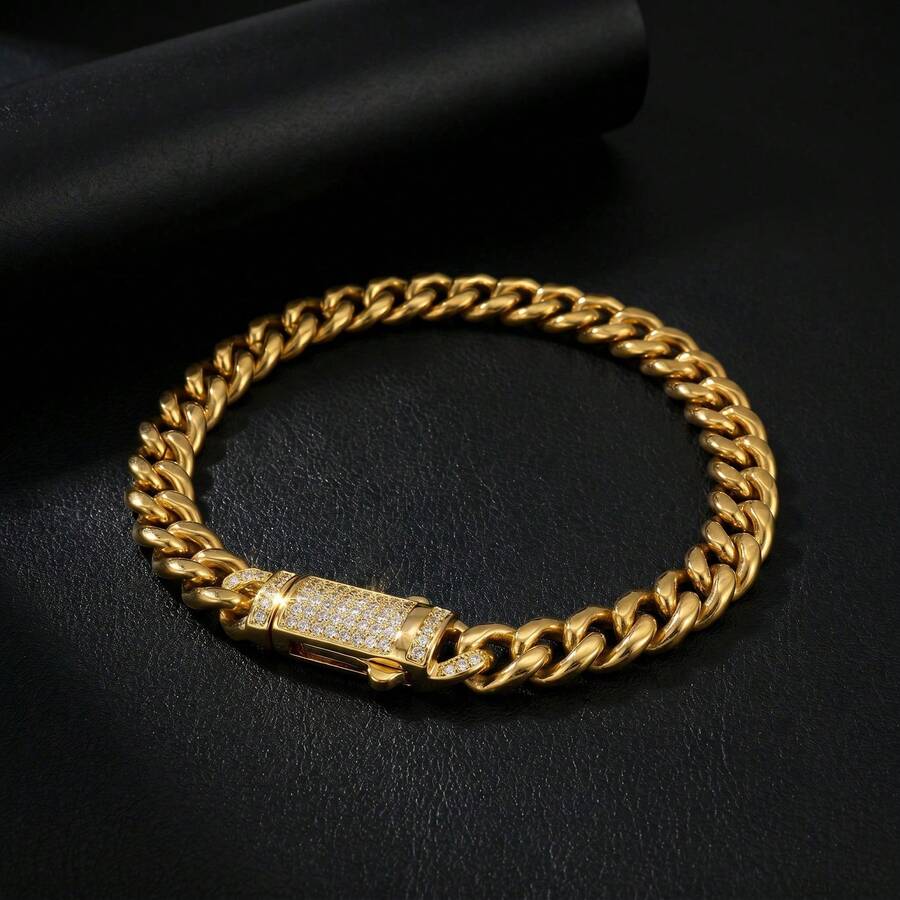 1pc Unisex Personalized 18K Gold Plated Stainless Steel Cuban Link Bracelet, Hip Hop Street Style Daily Wear, Unique Accessory - Gold - View 1