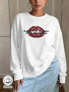 Women's Loose Fit Crew Neck Sweatshirt With Lip Print & Lettering, Breathable Casual Pullover For Spring Autumn Street Style - White - View 2
