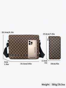 HOVI'S 男士 2 件組字母圖案斜挎包套裝－復古紋理人造皮革信使包，附可調式肩帶 + 拉鍊錢包，大容量 - 棕色 - 查看 10