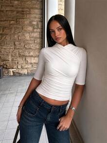 Atasan Wanita Lengan Pendek Warna Polos Model Silang Depan untuk Awal Musim Gugur, Pakaian Santai Sehari-hari untuk Liburan di Rumah, Serbaguna untuk Musim Semi/Panas - Putih - View 1