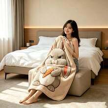 1pc Funny Angry Four-Ear Rabbit Carrot Pattern Flannel Blanket, Super Soft Comfortable Lightweight Cartoon Rabbit Print Fleece Blanket, Warm Nap Blanket, Suitable For Sofa Bed Office Camping, Cute Animal Home Decor Gift - Multicolor - View 5