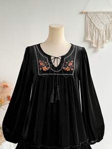 Rusttydustty Women's V-Neck Vintage Floral Embroidered Babydoll Loose Fit Short Dress - Black - View 6