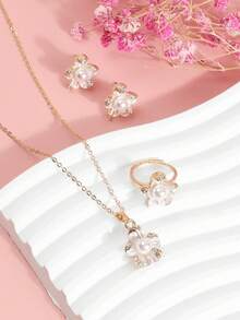 Faux Pearl Flower Pendant Necklace, Earrings, Ring Jewelry Set, Fashionable And Versatile - Multicolor - View 3