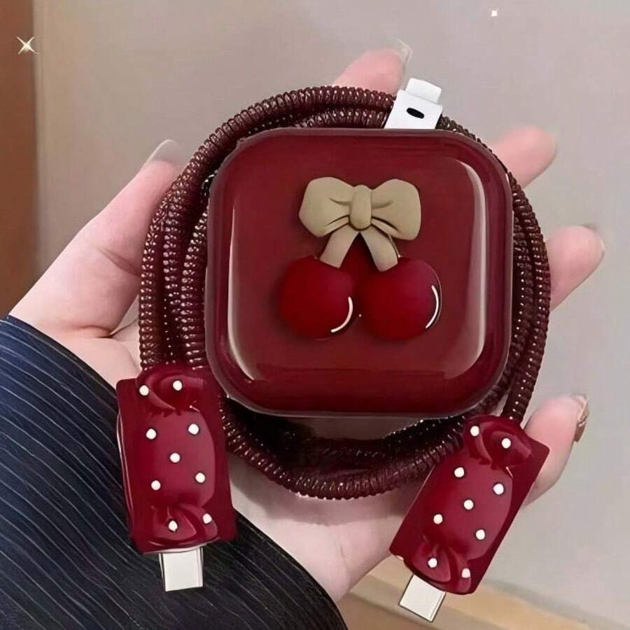 Red Cherry Charger And Cable Protector Set, Durable Apple 40W Charging Cable Protective Case, Anti-Breakage Cable Organizer - Multicolor - View 1