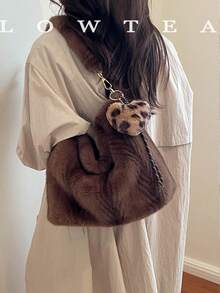 low tea 1pc Fashionable Wanderer Style Plush Fabric Shoulder Bag, Suitable For Commuting, Shopping, Etc. (With Pendant) - Coffee - View 12