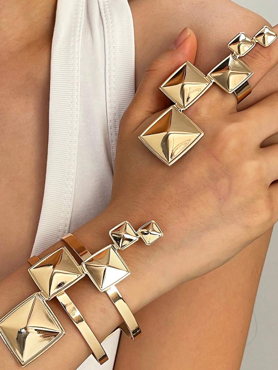 2pcs/Set European And American Style Geometric Square Bangles, Luxury Minimalist Elegant Bracelet Set - Gold - View 1