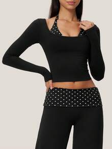 Autumn Fashion New Women's Long Sleeve Jacket, Yoga Fitness Sports Polka Dot Tank Top - Black - View 2