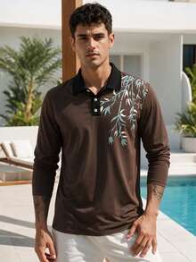 Men's Vintage Brown Ink Bamboo Print Casual Long Sleeve Polo Shirt - Multicolor - View 3