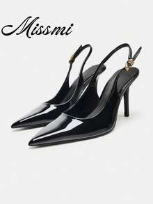New Women's Black Patent Leather Pointed Toe High Heels With Fashion Metal Buckle Decor - Black - View 1