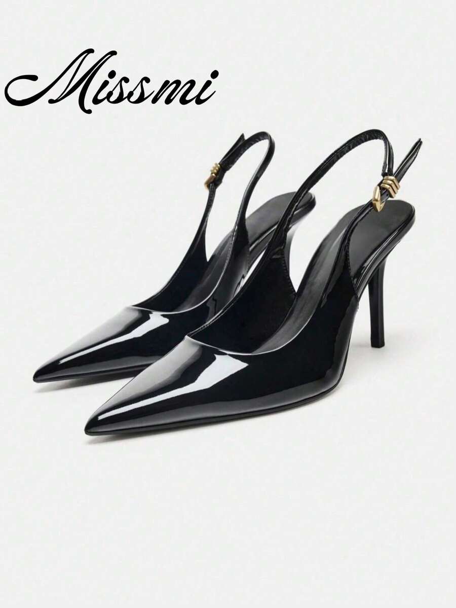 New Women's Black Patent Leather Pointed Toe High Heels With Fashion Metal Buckle Decor - Black - View 1