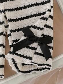 Baby Girl Black & White Striped Knit 2-Piece Set, Oversized Ruffle Collar Pullover Top + Bow Casual Long Pants Outfit - Black - View 9