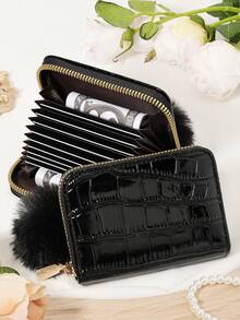 Fashionable Women's Storage Bag, With A Pom-Pom Charm, Credit Card Storage Bag With Multiple Card Slots For Card Storage - Black - View 2