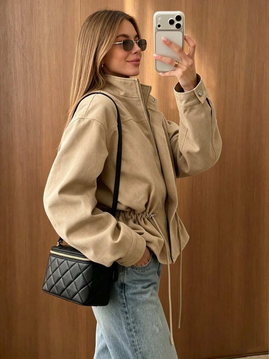 Women's Short Drawstring Trench Coat, Long Sleeve Stand Collar Woven Fabric Casual Jacket, Perfect For Fall Outfits