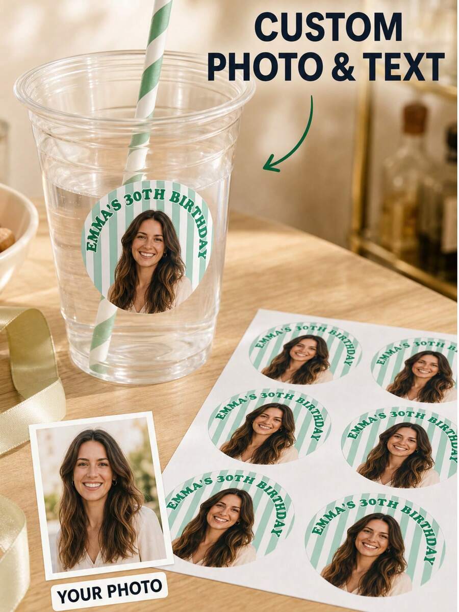 Custom Photo Face Cutout Birthday Stickers, Personalized Name & Age Party Labels, Round Photo Stickers For Cups And Birthday Celebrations, Kids Party Favor Stickers, Suitable For Son, Daughter, Family, Friends And Birthday Guests Custom Photo Labels - Multicolor - View 1