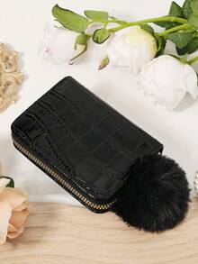 Fashionable Women's Storage Bag, With A Pom-Pom Charm, Credit Card Storage Bag With Multiple Card Slots For Card Storage - Black - View 7