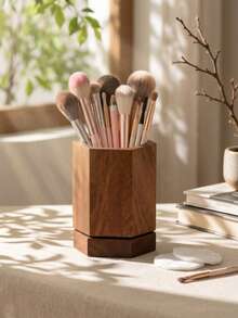 LEEAN 360° Rotatable Walnut Wood Pen Holder, Rotating Desktop Pencil Cup, Multi‑Purpose Wooden Organizer For Pens, Pencils, Makeup Brushes, Office Vanity Desk Storage Decor - 12.2*9cm - View 5