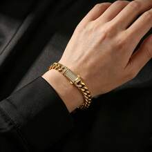 1pc Unisex Personalized 18K Gold Plated Stainless Steel Cuban Link Bracelet, Hip Hop Street Style Daily Wear, Unique Accessory - Gold - View 3