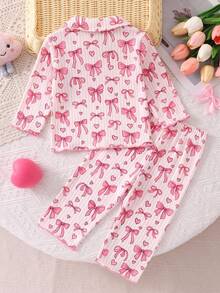 1 Set Baby Girl Sweet Girly Style Pink & White Fine Striped All-Over Print Bow & Heart Print Collared Button-Up Cardigan Long Sleeve Top With Frill Trim Straight Leg Pants Thin Knit Loungewear 2 Pieces Set Pajama Set 2026 Spring/Autumn New Fashion - Baby Pink - View 2