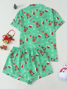 2pcs Comfortable Christmas Reindeer Print Short Sleeve Collared Top And Bowknot Shorts Women's Pajama Set - Green - View 2