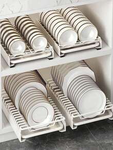 Pull-Out Cabinet Dish Rack, Drill-Free Sliding Dish & Bowl Storage Rack, Metal Draining Dish Rack, Kitchen Cabinet Space-Saving Tableware Storage Rack, Kitchen Countertop & Under-Sink Cabinet Storage Organizer - White - View 8