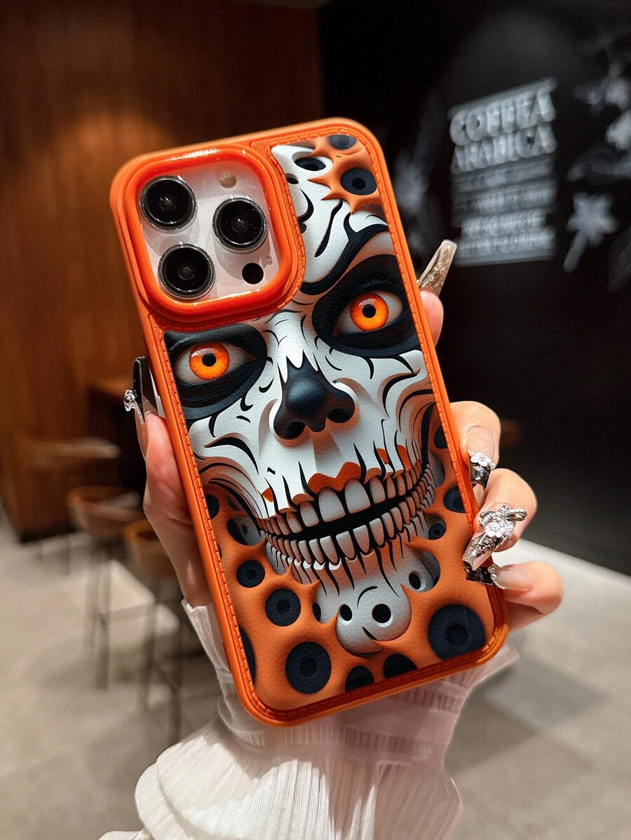 Halloween Horror Ghost Face Skull Painted Puffy Lychee Texture Anti-Fall Phone Case Compatible With IPhone 18 Pro Max/17 Pro/15 Pro Max/16/14/13 Pro Max/12/11/XR And Other Models Fashion New Product - Burnt Orange - View 1