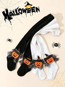 2pcs Baby Girls' Simple Shiny Bow Decor Solid Color Cable Knit Tights, Suitable For Halloween Pumpkin & Skull Outfit, Holiday Wear - Black and White - View 1