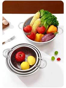 Saringan Stainless Steel, Keranjang Pencuci Sayuran, Pencuci Beras, Ayakan Dapur Bulat, Keranjang Buah dan Sayuran - S - View 3