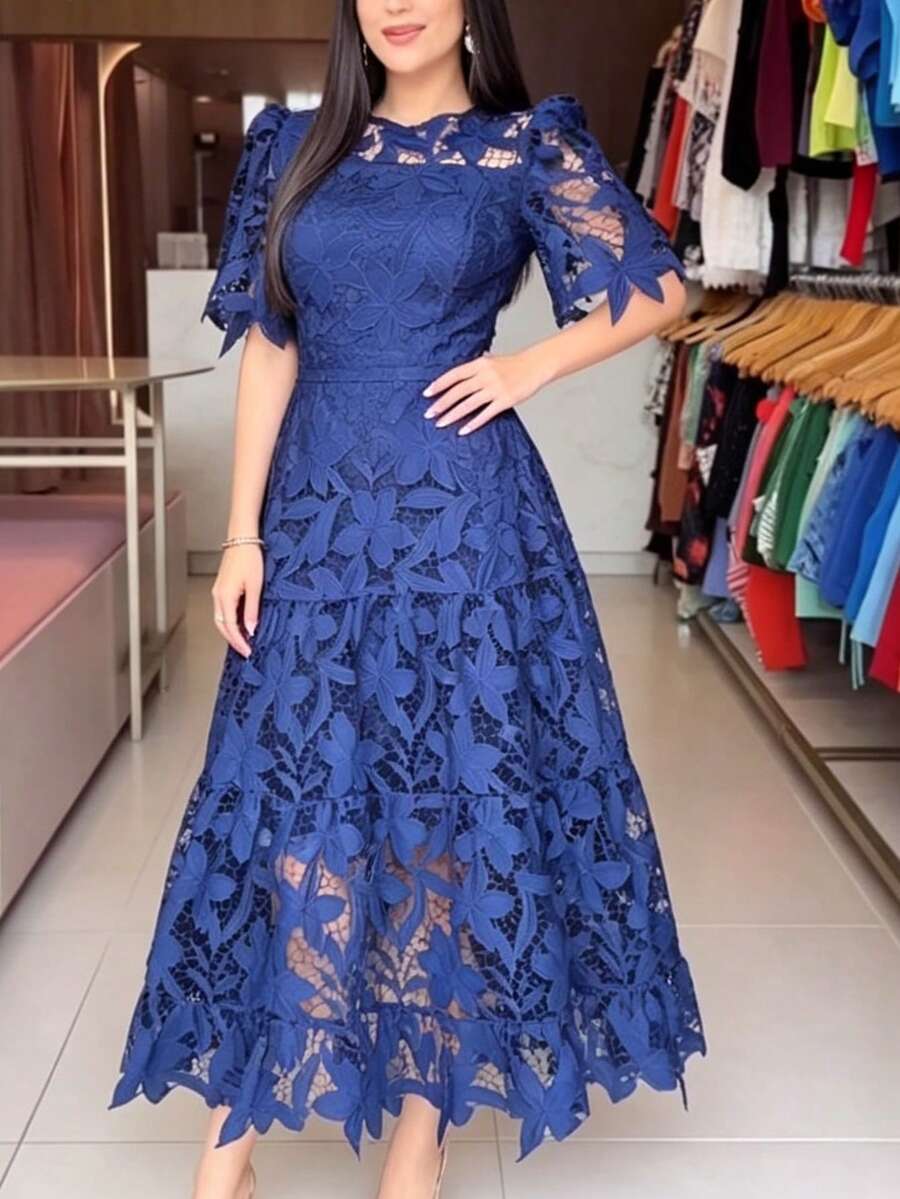 Vestido largo ajustado en cintura de encaje calado con cuello redondo para mujer - Azul - Ver 1