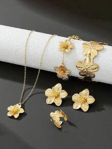 Juego de 6 piezas de joyería de flores de gran tamaño premium para mujer, esencial para todas las estaciones, color dorado de lujo, adecuado para diversas ocasiones - Dorado - Ver 8