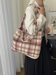 秋冬款粉色格紋毛絨托特包，復古羊毛大容量通勤女款單肩托特包 - 粉色 - 查看 2